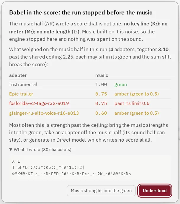 Babel in the score: the run stopped, and why